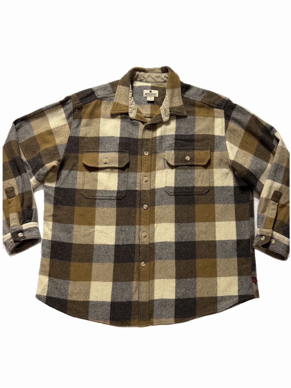 Woolrich Men’s Wool Plaid Olive Green Shacket 2XL Thick Button Down Shirt Fall